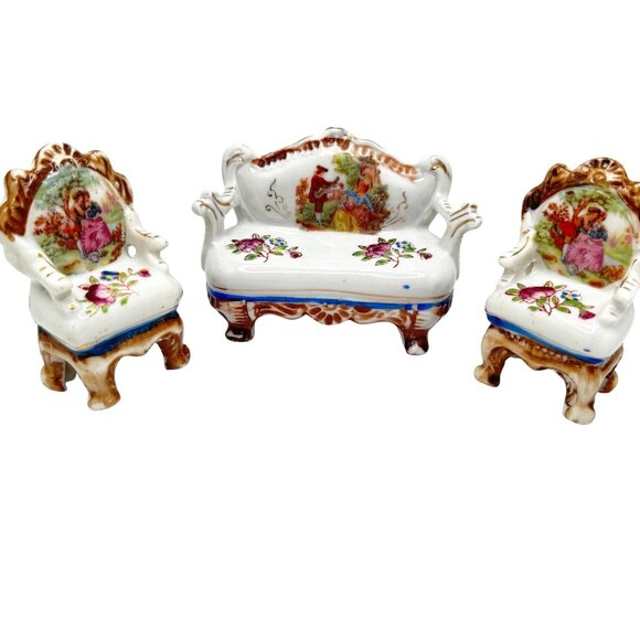 Miniature Hand Painted Porcelain Dollhouse Furniture 3 Pc Set Occupied Japan Vtg - Picture 1 of 8